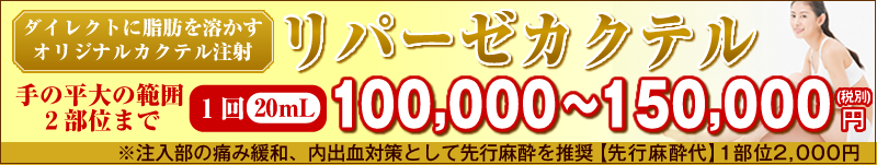 ダイレクト溶解「リパーゼカクテル」手の平大の範囲2部位まで1回(20mL)100,000円~150,000円(税別)。※注入部の痛み緩和、内出血対策として先行麻酔を推奨。先行麻酔代/1部位2000円。