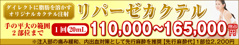 ダイレクト溶解「リパーゼカクテル」手の平大の範囲2部位まで1回(20mL)110,000円~165,000円(税込)。※注入部の痛み緩和、内出血対策として先行麻酔を推奨。先行麻酔代/1部位2,200円(税込)。