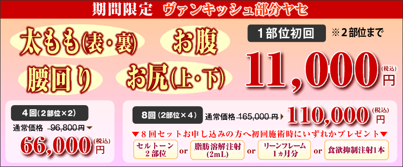 ヴァンキッシュキャンペーン!太ももヤセ・お尻ヤセ(太もも裏表/臀部(お尻)(上下)/お腹/腰回り:1部位初回11,000円※2部位まで。【4回(2部位×2)】通常96,800円が66,000円。【8回(2部位×4)】通常150,000円が110,000円!8回を申し込みの方には、セルトーン2部位 or 脂肪溶解注射(2mL) or リーンフレーム1ヵ月分 or 食欲抑制注射1本のいずれかプレゼント